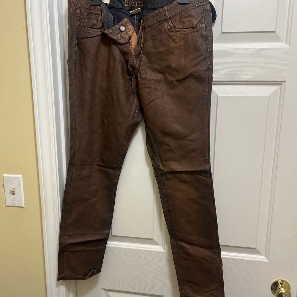Decree Brown Straight Leg Jeans with Leather-like Finish